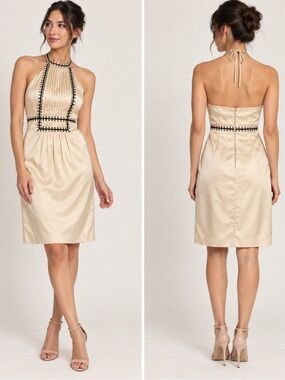 Leon Max Limited Edition Women’s Size 6 Ivory Black Trim Halter Dress